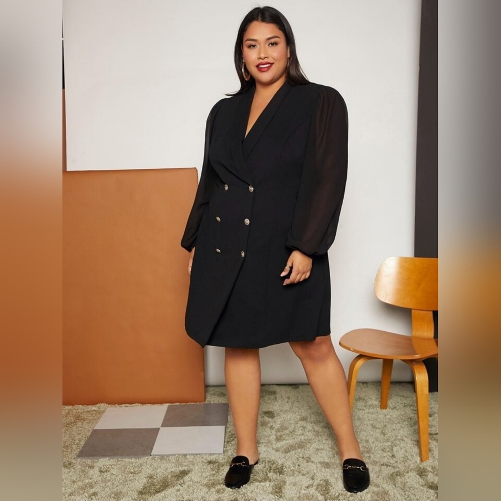 PatPat Black Double-Breasted Puff Sleeve Dress - Picture 4 of 16